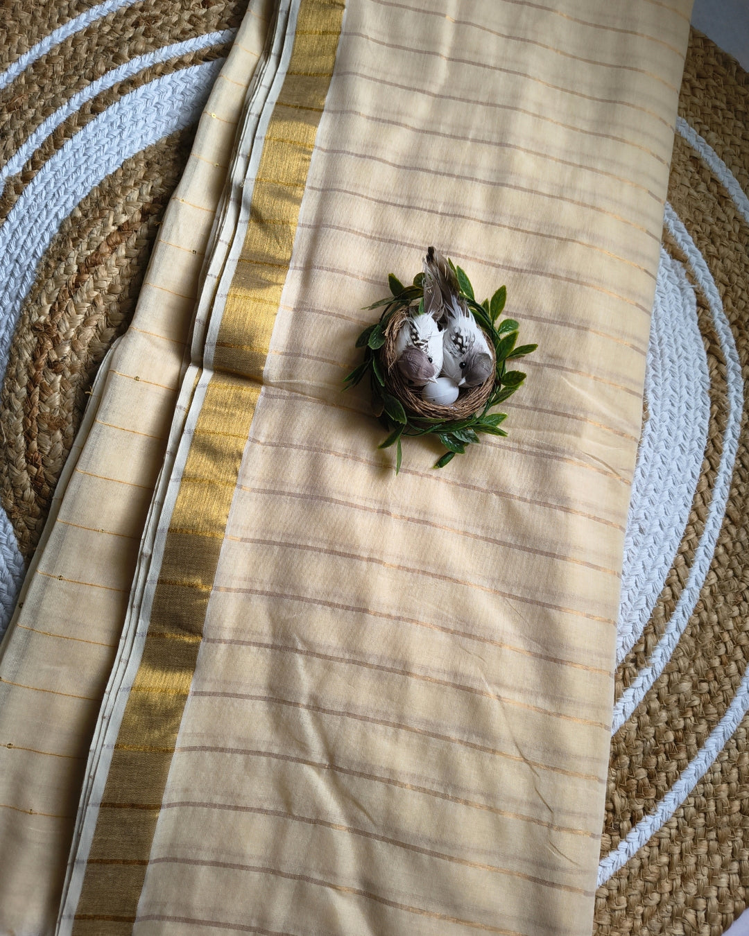 Handloom Mul Cotton Saree with Golden Stripes, Border and Sequence in Pallu - Sandal