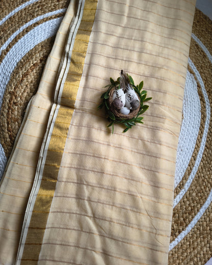 Handloom Mul Cotton Saree with Golden Stripes, Border and Sequence in Pallu - Sandal