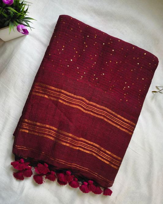 120s Linen by Linen Saree with Hand Woven Sequins - Maroon MammaHug