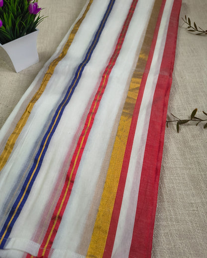 Onam Sarees - 120 tc Mul Cotton Handloom Saree - Multi Color Golden Stripes
