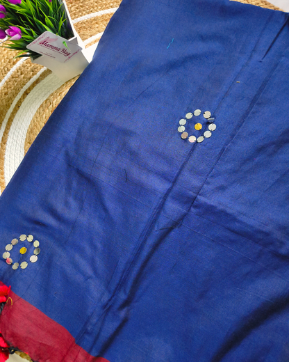 Khadi Cotton Handloom Saree with Mirror design - Dark Blue & Crimson