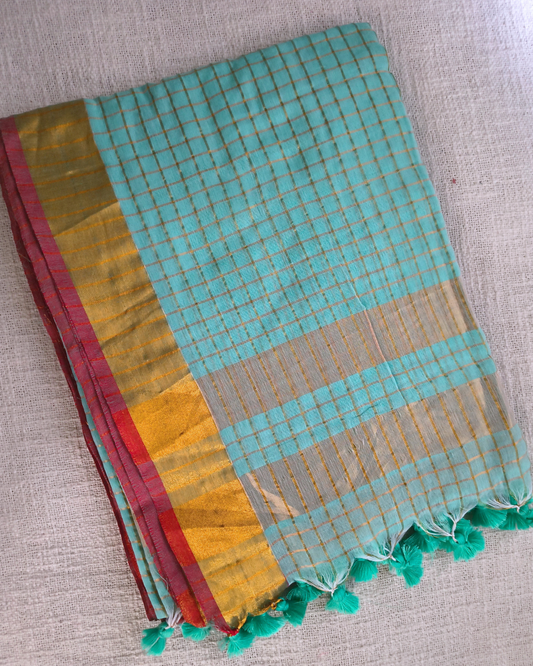 Mul Cotton Zari Checks Handloom Saree with contrast border - Sea Green MammaHug