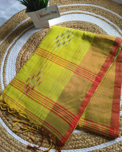 Pure Cotton Handloom Saree with Ikkat Design - Parrot Green