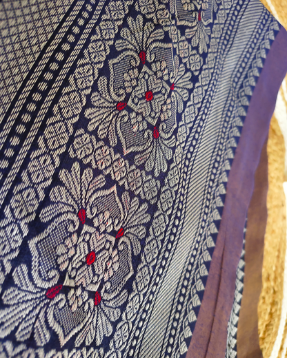 Khadi Tissue Handloom Saree with Thread Woven Border - Blue with Red