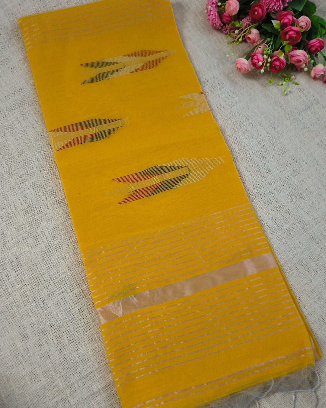 Cotton Silk Handloom Saree Woven with Silver Zari - Mango Yellow