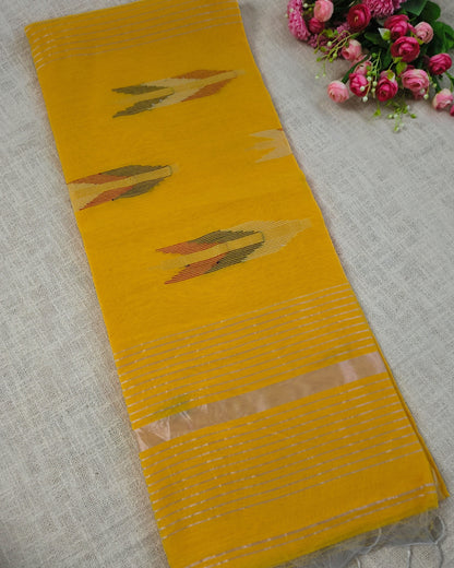 Cotton Silk Handloom Saree Woven with Silver Zari - Mango Yellow