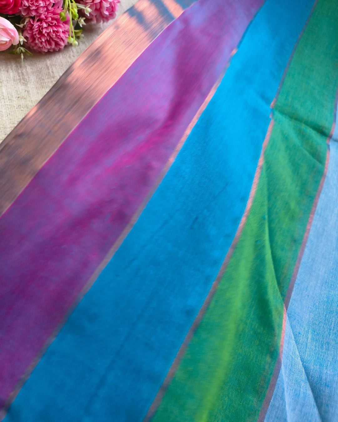 Premium Rainbow Mul Cotton Handloom Saree with Beautiful tassels - Blue