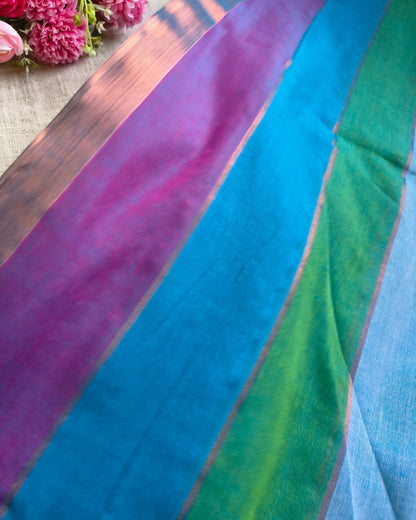 Premium Rainbow Mul Cotton Handloom Saree with Beautiful tassels - Blue