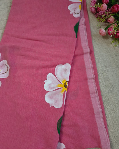 Soft Cotton Handloom Saree with Hand-Painted Floral Design - Pastel Pink