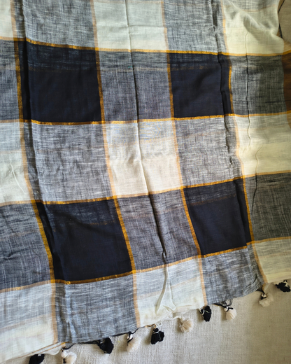 Pure Linen Cotton Handloom Saree Multicolor Checks - Black & White MammaHug