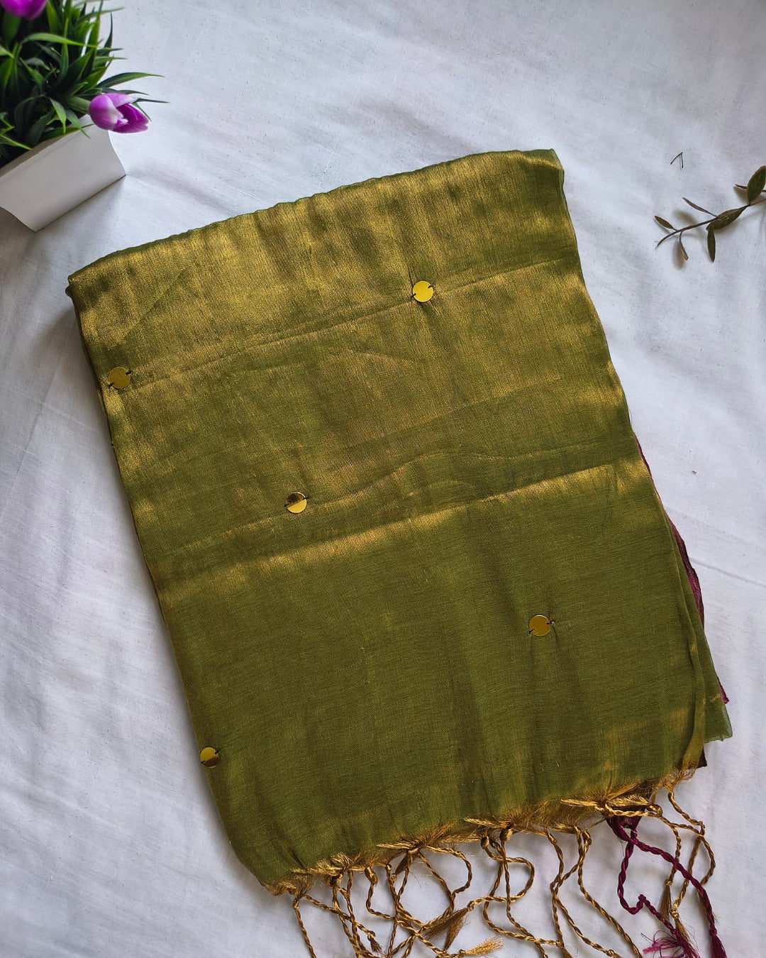 Pure Khadi Tissue Saree with Coin design - Mehandi Green MammaHug