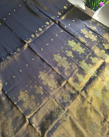 Soft Linen Tissue Saree with Golden Silver Zari weaving - Light Golden Grey MammaHug