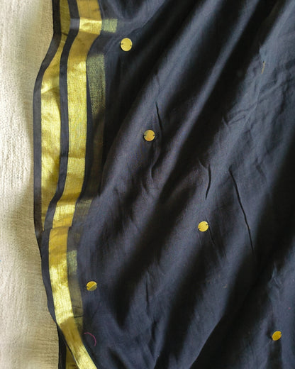 Mul Cotton Handloom Saree with Coin Design - Black MammaHug