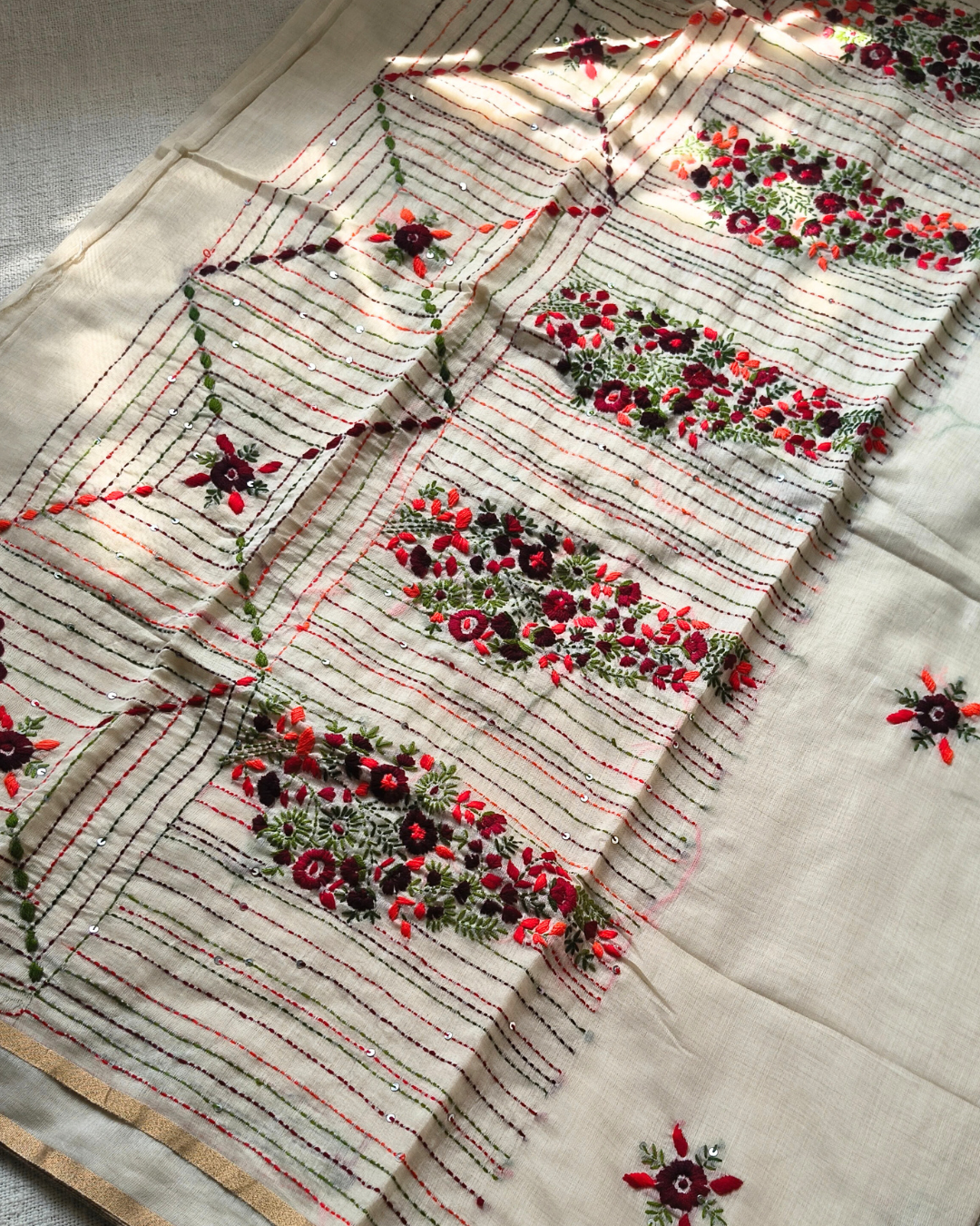 Chanderi silk cotton with kantha stitch floral design - Maroon MammaHug