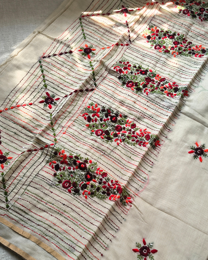 Chanderi silk cotton with kantha stitch floral design - Maroon MammaHug