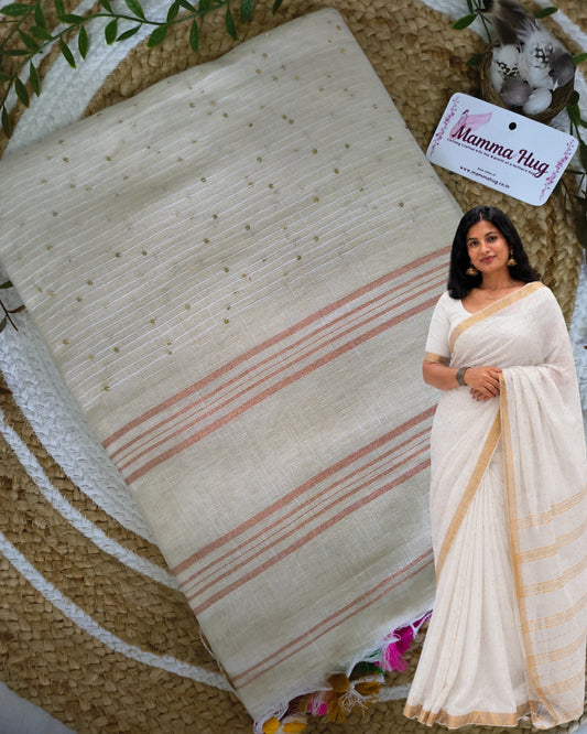 120s Linen by Linen Saree with Hand Woven Sequins  - White MammaHug