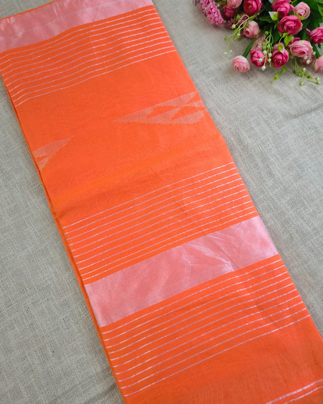Cotton Silk Handloom Saree Woven with Silver Zari - Orange