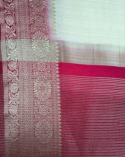 Tussar Matka Silk Saree with Contrast Pallu - White