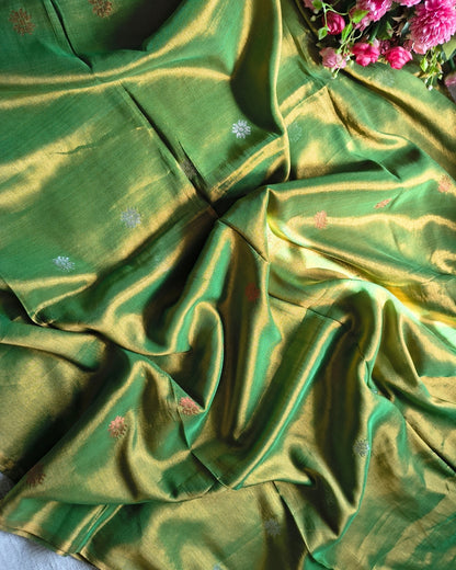 Soft Linen Tissue Saree with Golden Silver Zari weaving - Flower Butta - Golden Green MammaHug