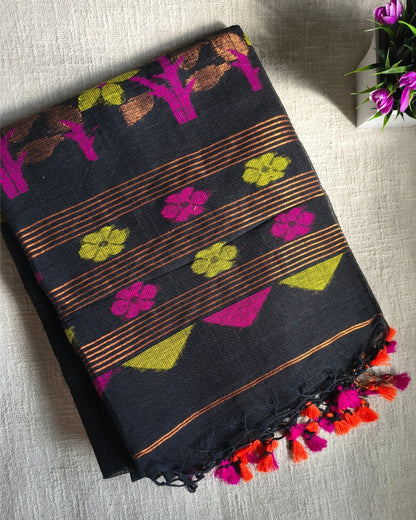 Linen By Linen Handloom Saree with Jamdhani Buttas - Black MammaHug