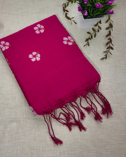 Khadi Cotton Handloom Saree Floral Painted - Light Magenta