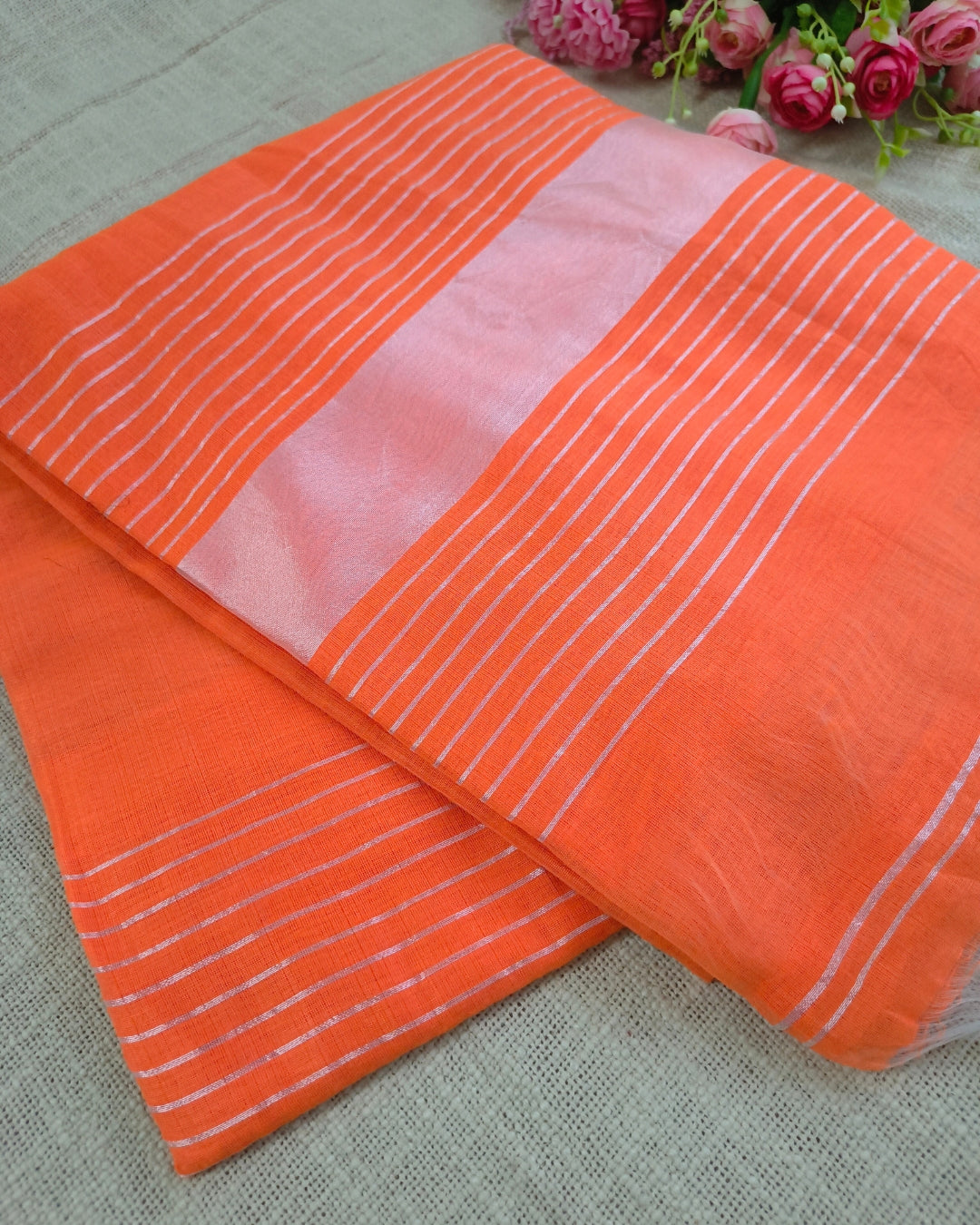 Cotton Silk Handloom Saree Woven with Silver Zari - Orange