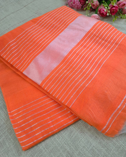 Cotton Silk Handloom Saree Woven with Silver Zari - Orange