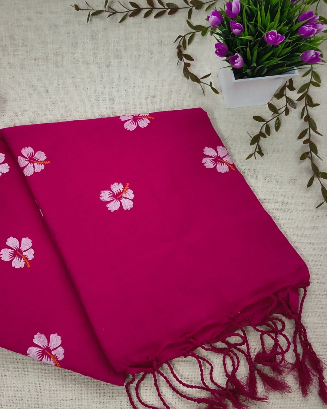 Khadi Cotton Handloom Saree Floral Painted - Light Magenta