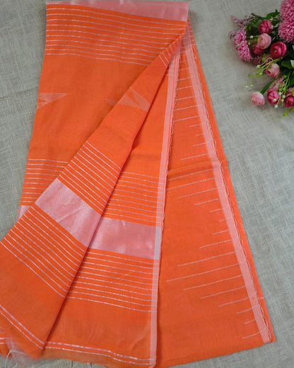Cotton Silk Handloom Saree Woven with Silver Zari - Orange