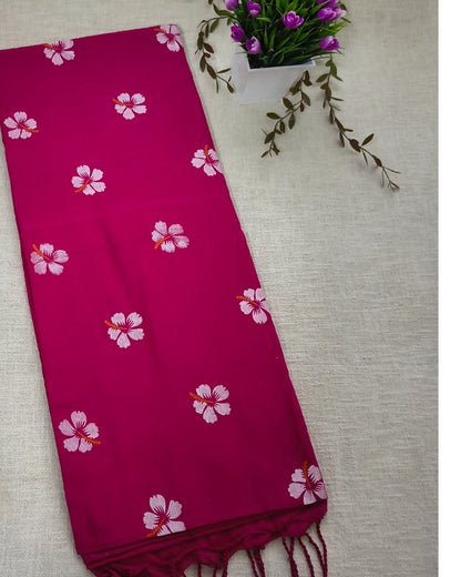 Khadi Cotton Handloom Saree Floral Painted - Light Magenta
