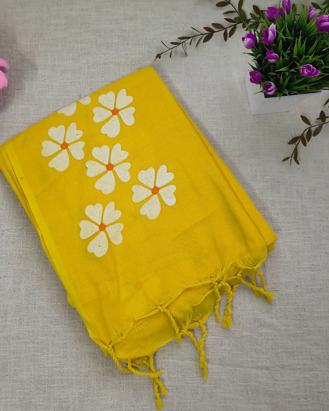 Khadi Cotton Handloom Saree Floral Painted - Yellow