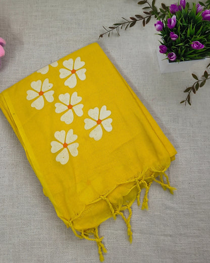 Khadi Cotton Handloom Saree Floral Painted - Yellow
