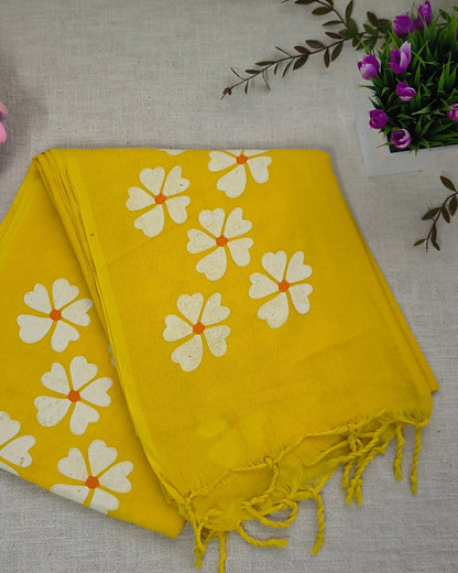 Khadi Cotton Handloom Saree Floral Painted - Yellow