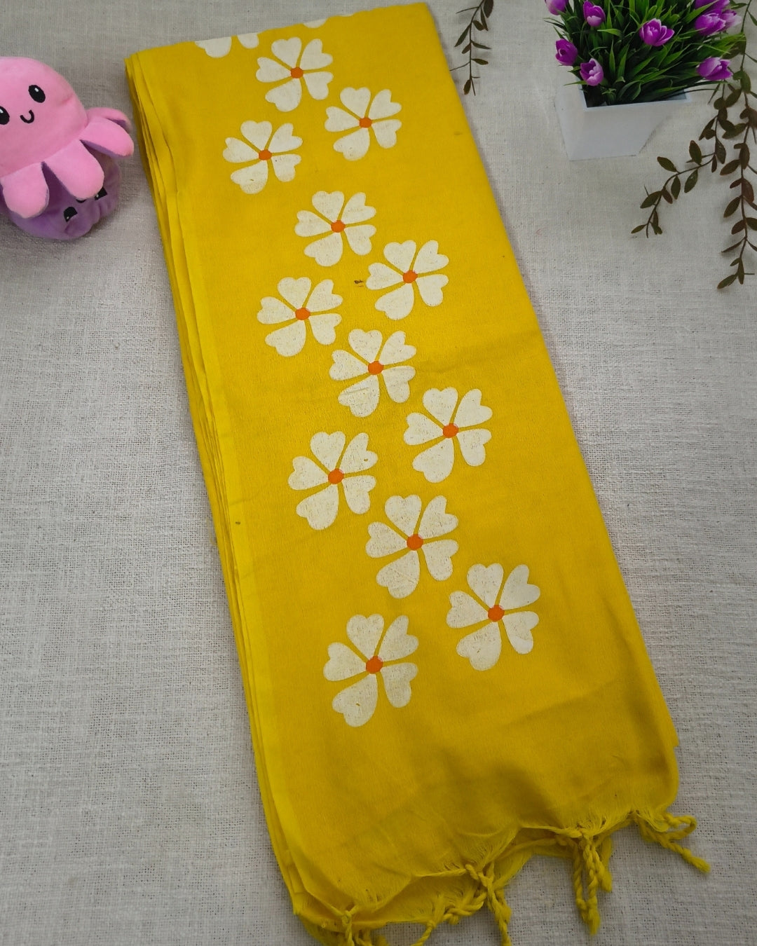 Khadi Cotton Handloom Saree Floral Painted - Yellow