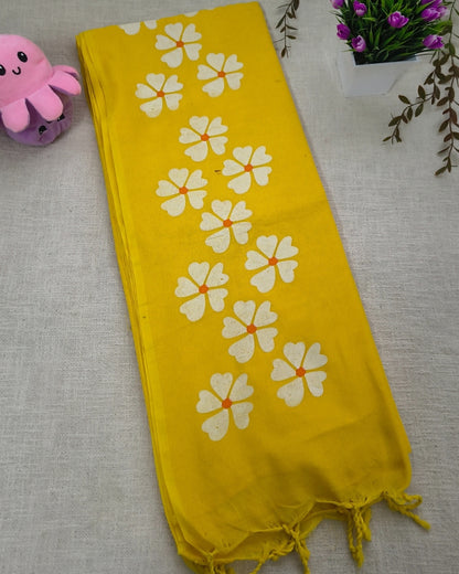 Khadi Cotton Handloom Saree Floral Painted - Yellow