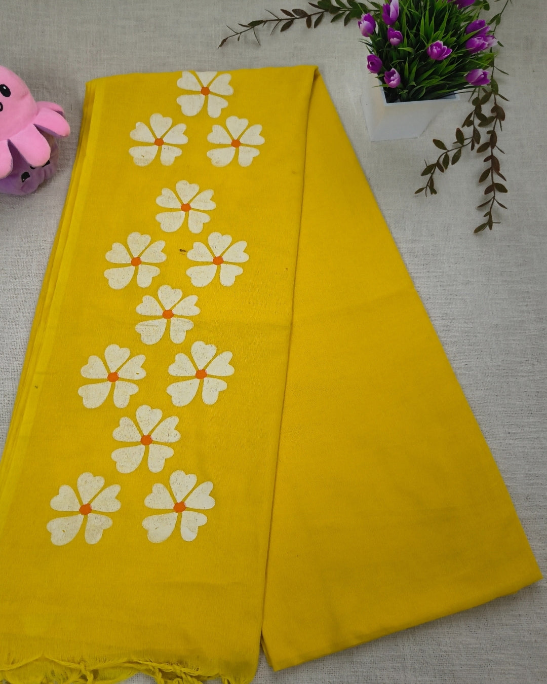 Khadi Cotton Handloom Saree Floral Painted - Yellow