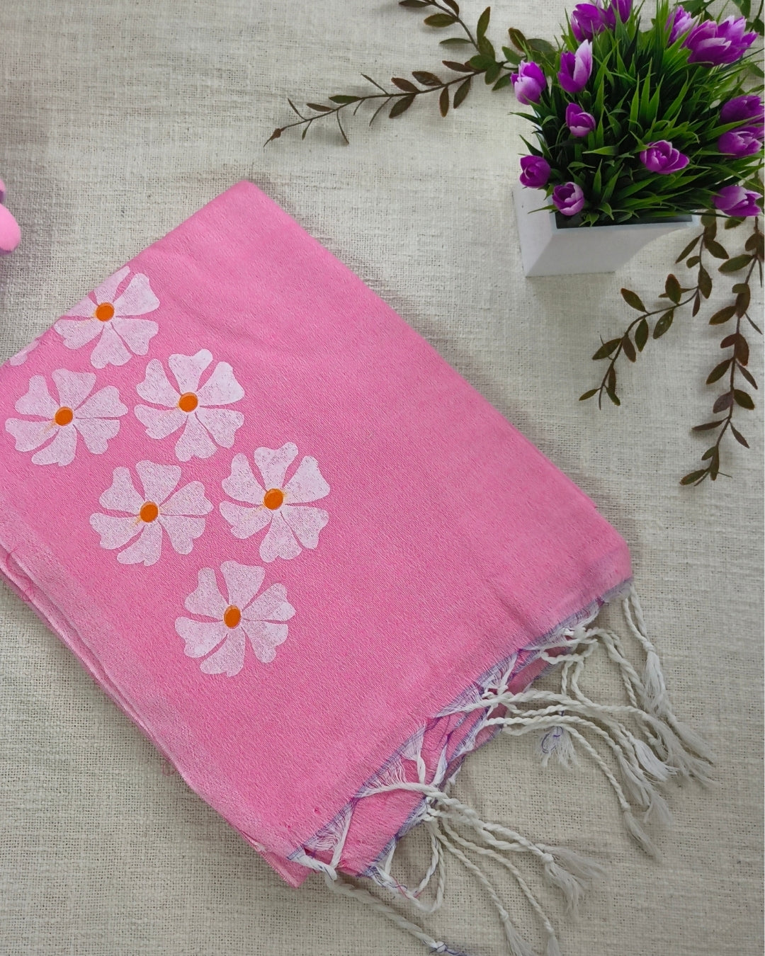 Khadi Cotton Handloom Saree Floral Painted - Pink