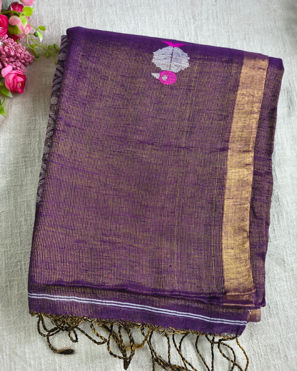 Pure Linen with Copper Zari Weaving & Jamdhani Buttas - Dark Purple