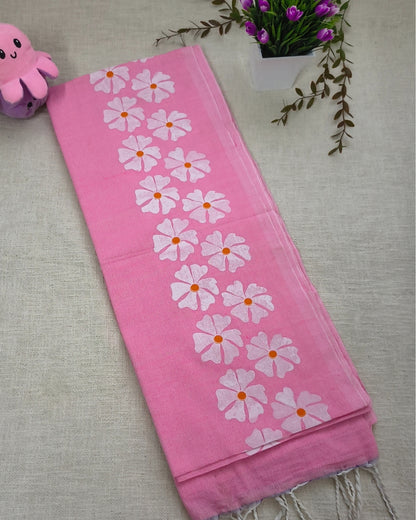 Khadi Cotton Handloom Saree Floral Painted - Pink