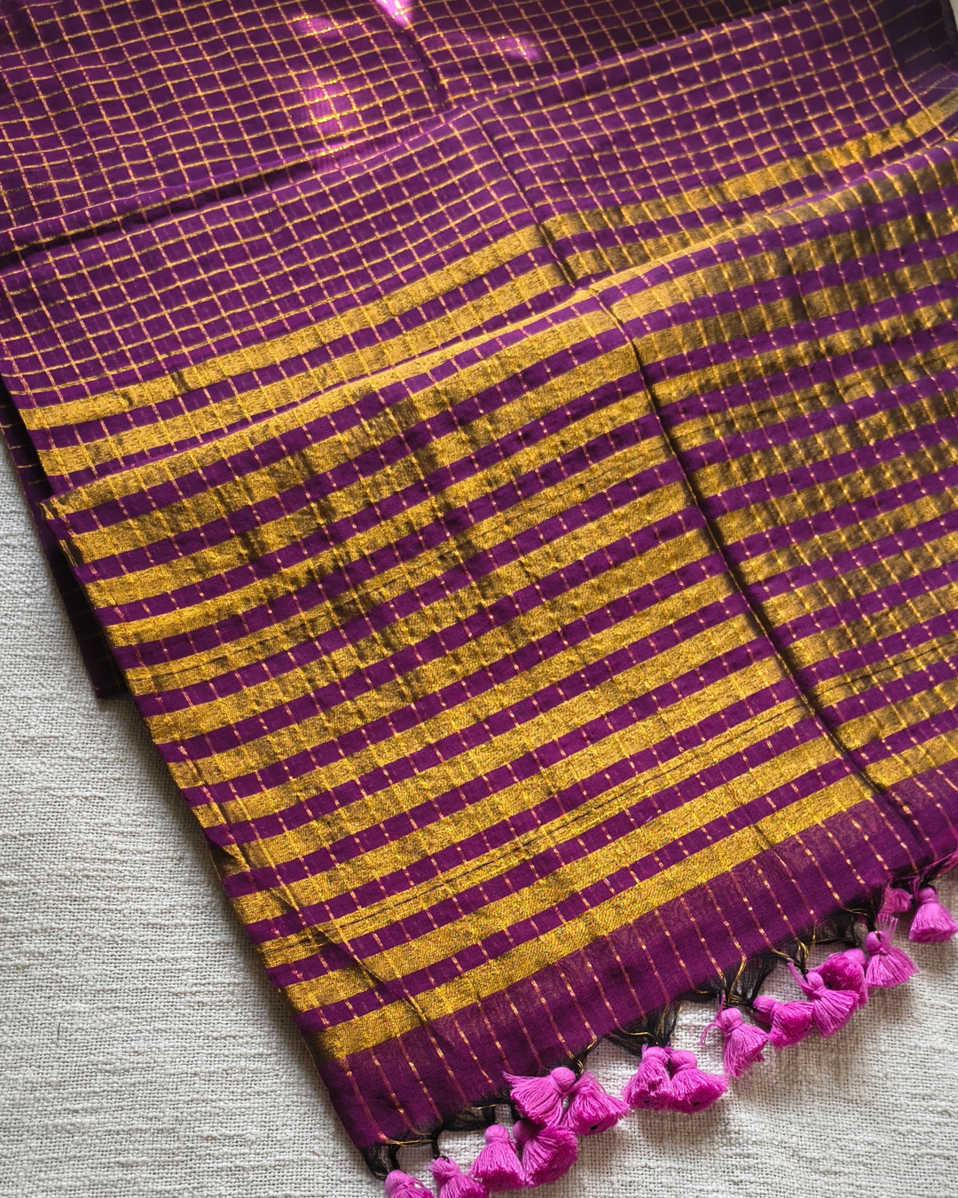 Mul Cotton Zari Checks Handloom Saree - Dark Purple MammaHug