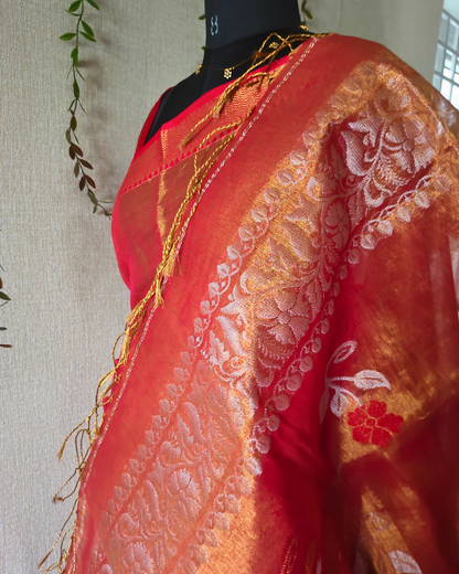 Handloom Metalic Tissue Linen with Jamdhani Weaving Buttas - Sunset Orange