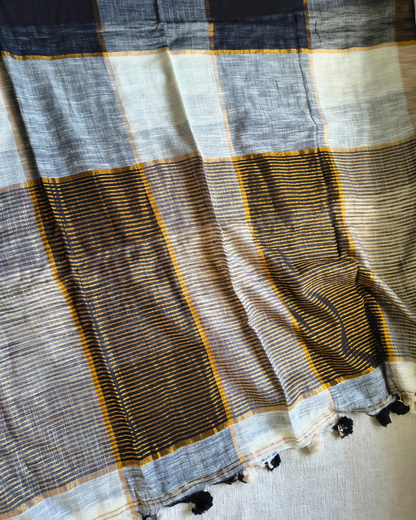 Pure Linen Cotton Handloom Saree Multicolor Checks - Black & White MammaHug
