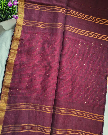120s Linen by Linen Saree with Hand Woven Sequins - Maroon MammaHug