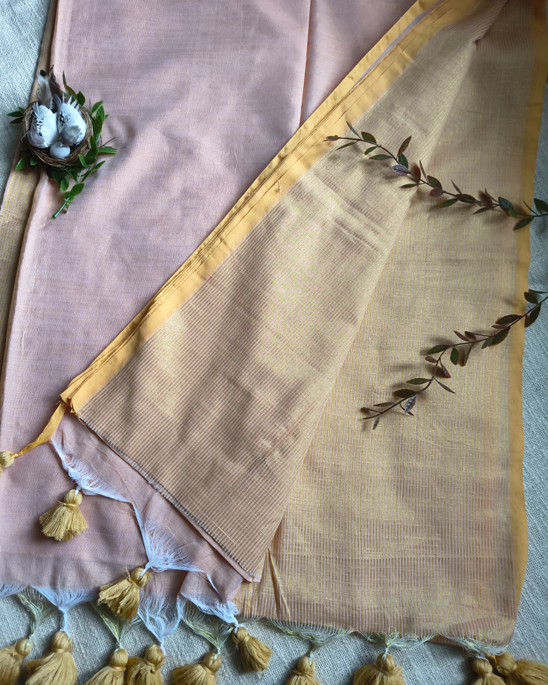 Pure Cottom Handloom Saree with Gold Zari weaving in Half & Half Pattern - Sandal