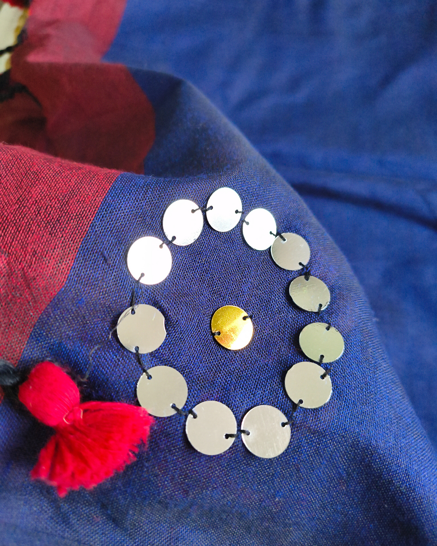 Khadi Cotton Handloom Saree with Mirror design - Dark Blue & Crimson