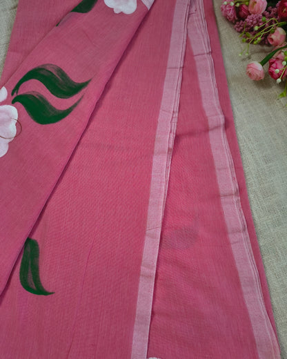Soft Cotton Handloom Saree with Hand-Painted Floral Design - Pastel Pink