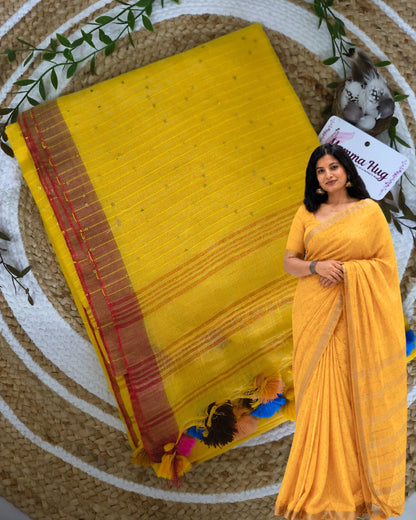 120s Linen by Linen Saree with Hand Woven Sequins - Yellow MammaHug