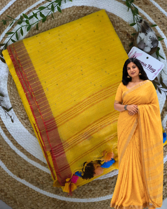 120s Linen by Linen Saree with Hand Woven Sequins - Yellow MammaHug