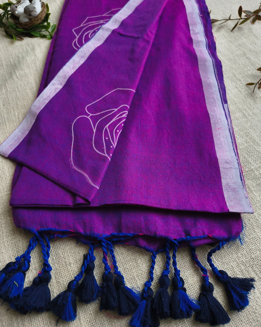 Khadi Cotton Handloom Saree with Printed Floral Design - Dark Purple