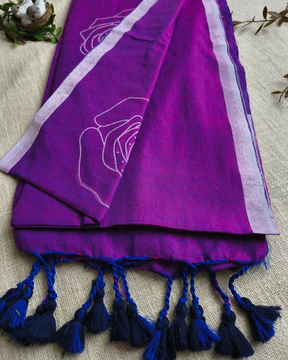 Khadi Cotton Handloom Saree with Printed Floral Design - Dark Purple